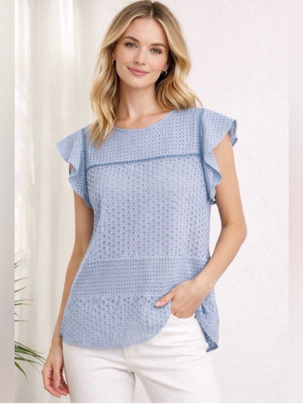 MICHAEL Michael Kors Light Blue Eyelet Flutter Sleeve Top